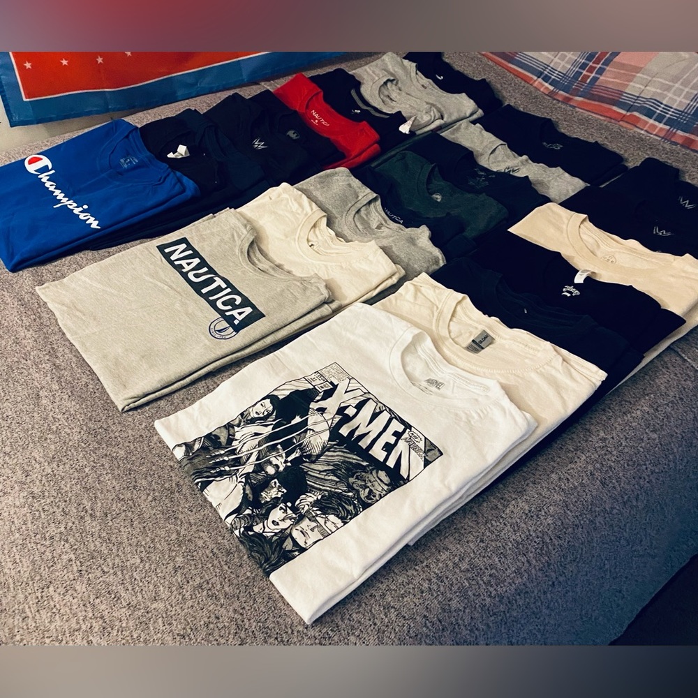 Bundle of multiple clean graphic tees (Champion, Nautica, WWE, etc.)